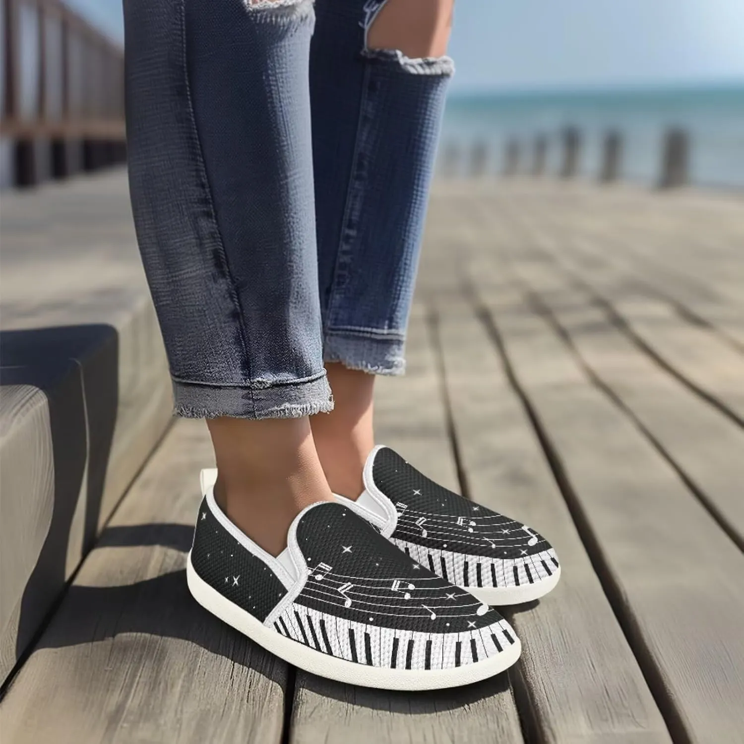Music Note Print Flat Mesh Shoes Slip-on Mesh Shoes Breathable Casual Loafers for Outdoor