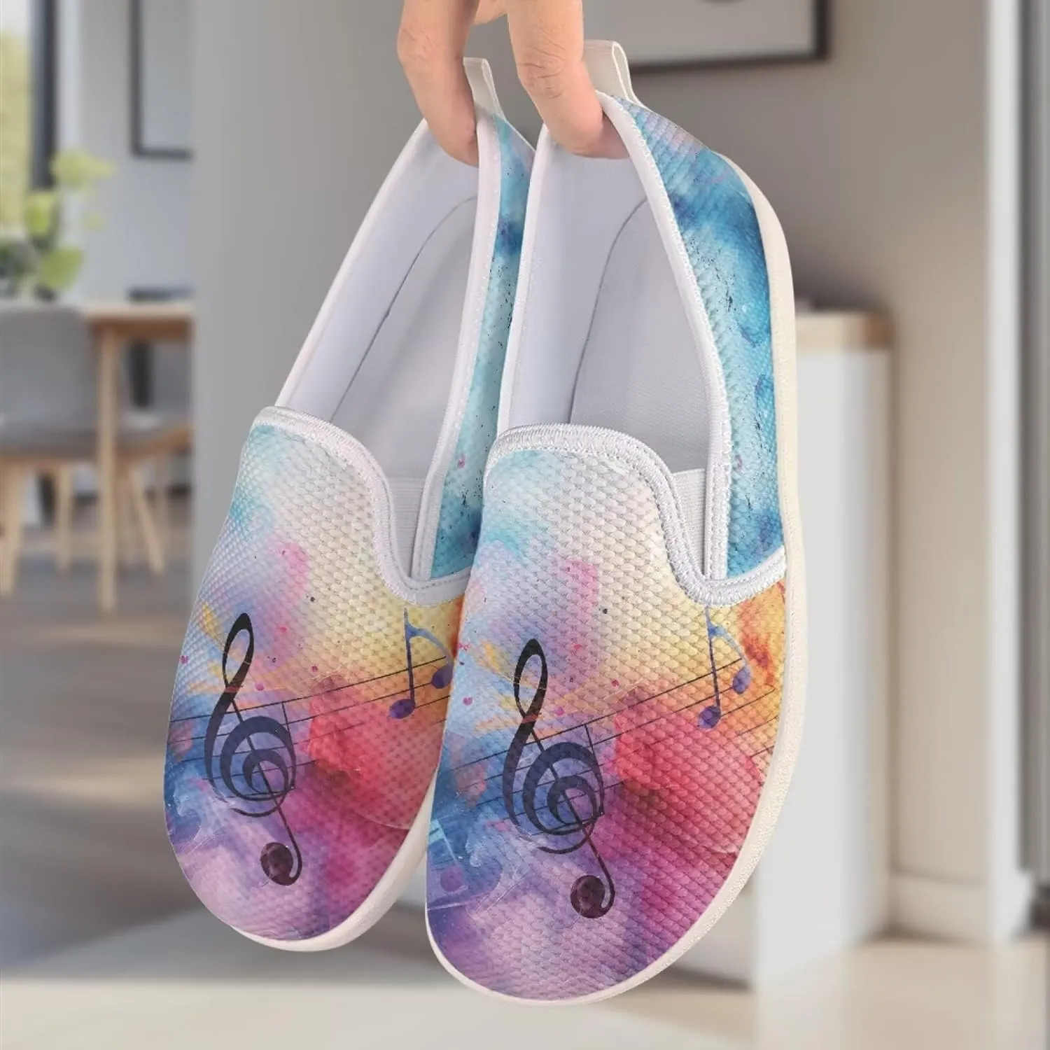 Music Note Print Flat Mesh Shoes Slip-on Mesh Shoes Breathable Casual Loafers for Outdoor