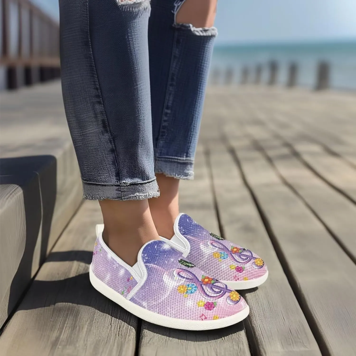 Music Note Print Flat Mesh Shoes Slip-on Mesh Shoes Breathable Casual Loafers for Outdoor
