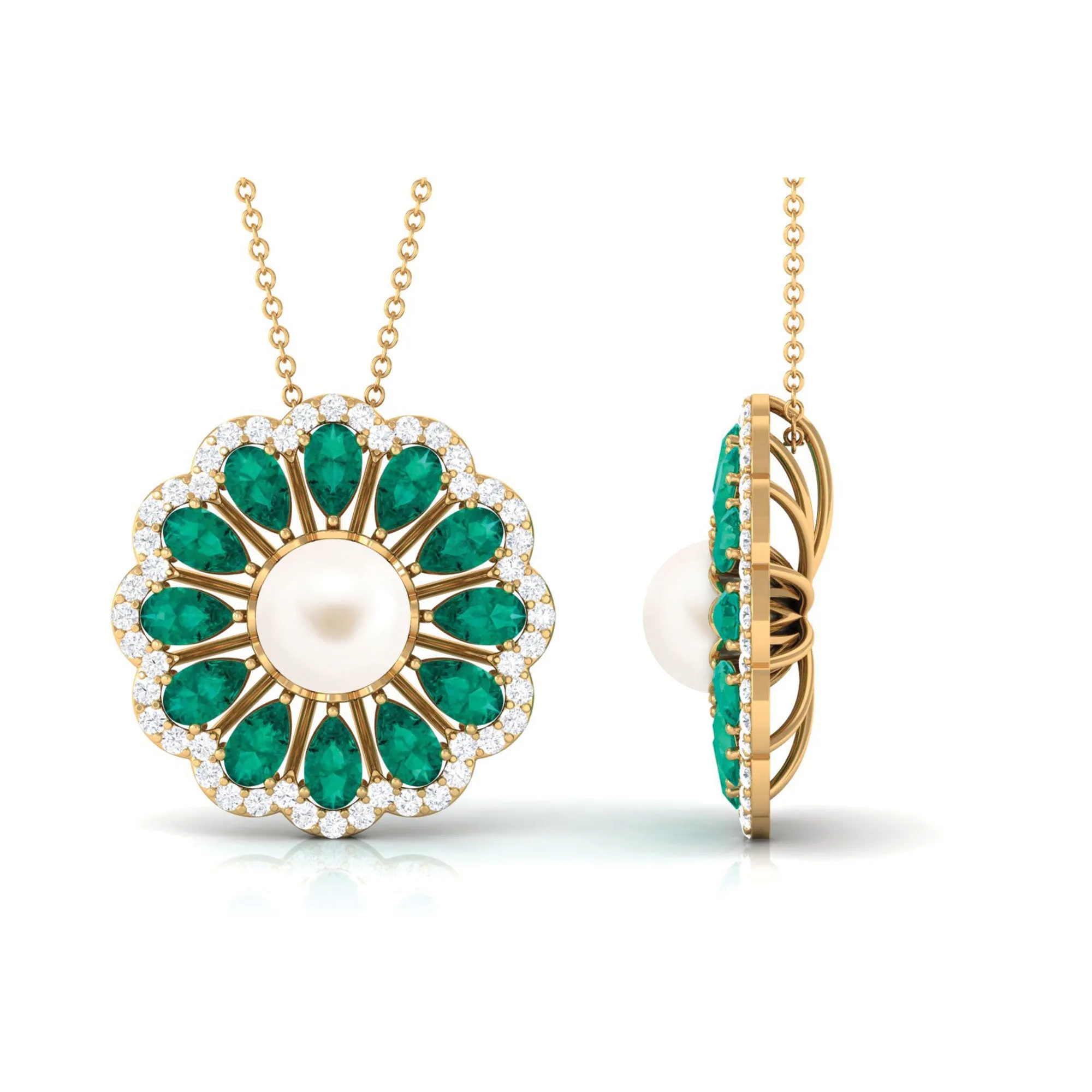 Natural White Pearl Flower Statement Pendant Necklace with Lab Emerald and Moissanite