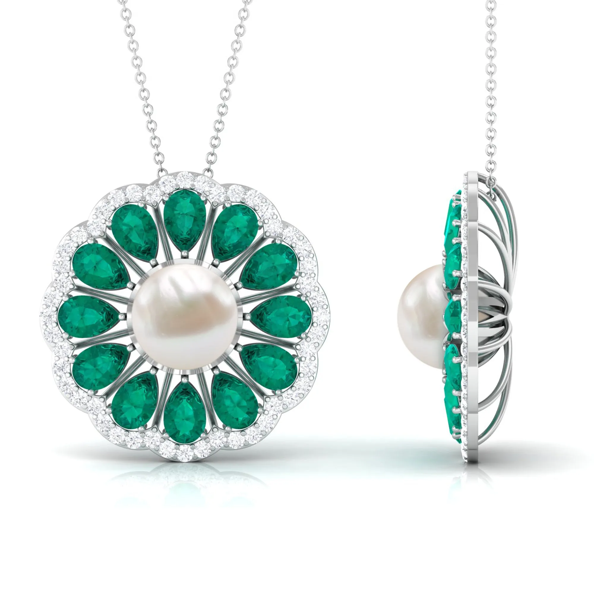 Natural White Pearl Flower Statement Pendant Necklace with Lab Emerald and Moissanite