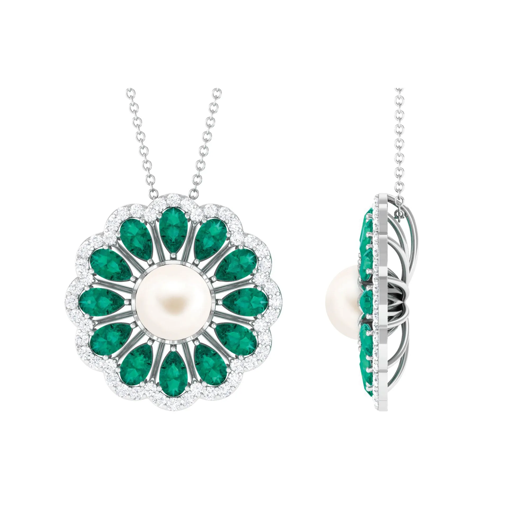 Natural White Pearl Flower Statement Pendant Necklace with Lab Emerald and Moissanite