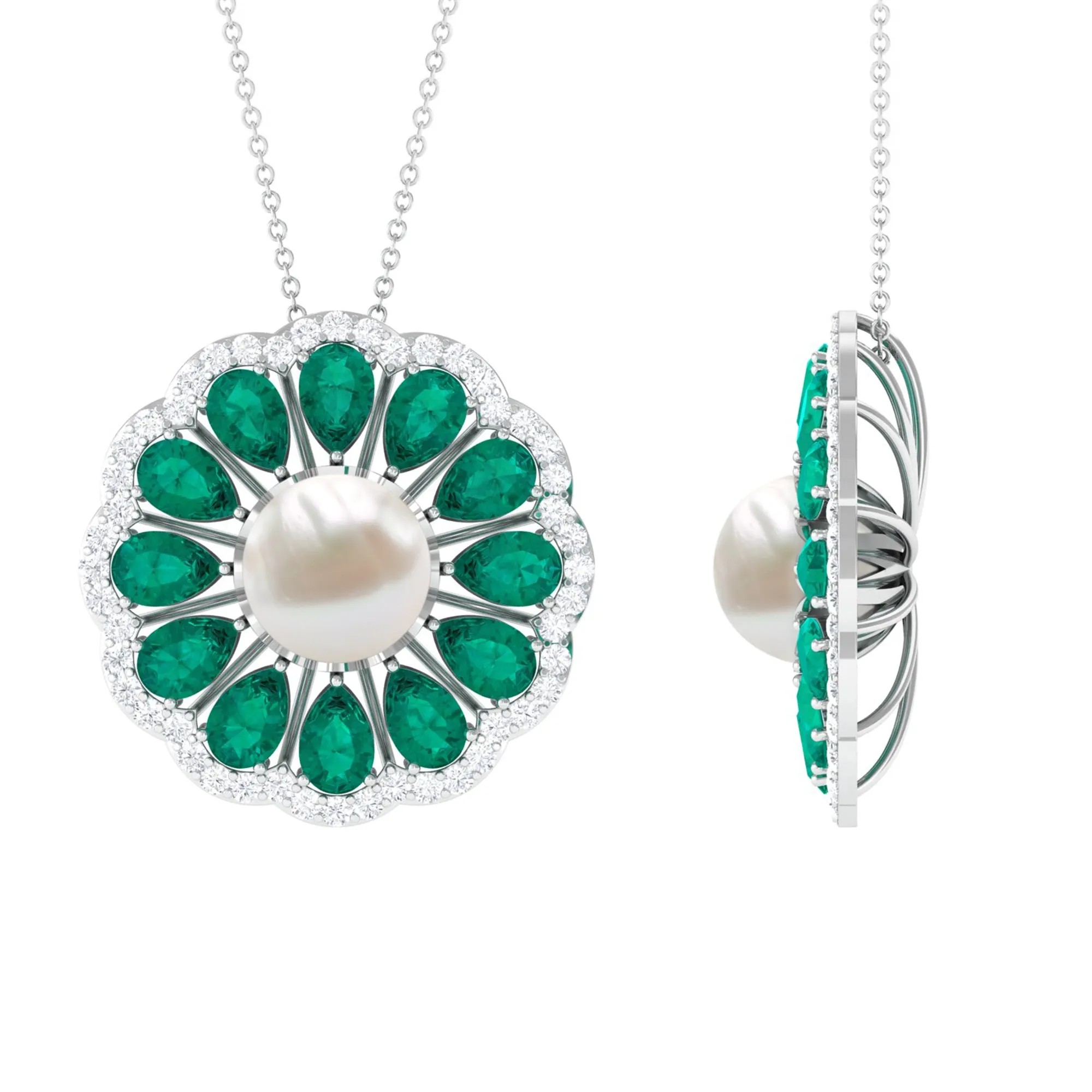 Natural White Pearl Flower Statement Pendant Necklace with Lab Emerald and Moissanite