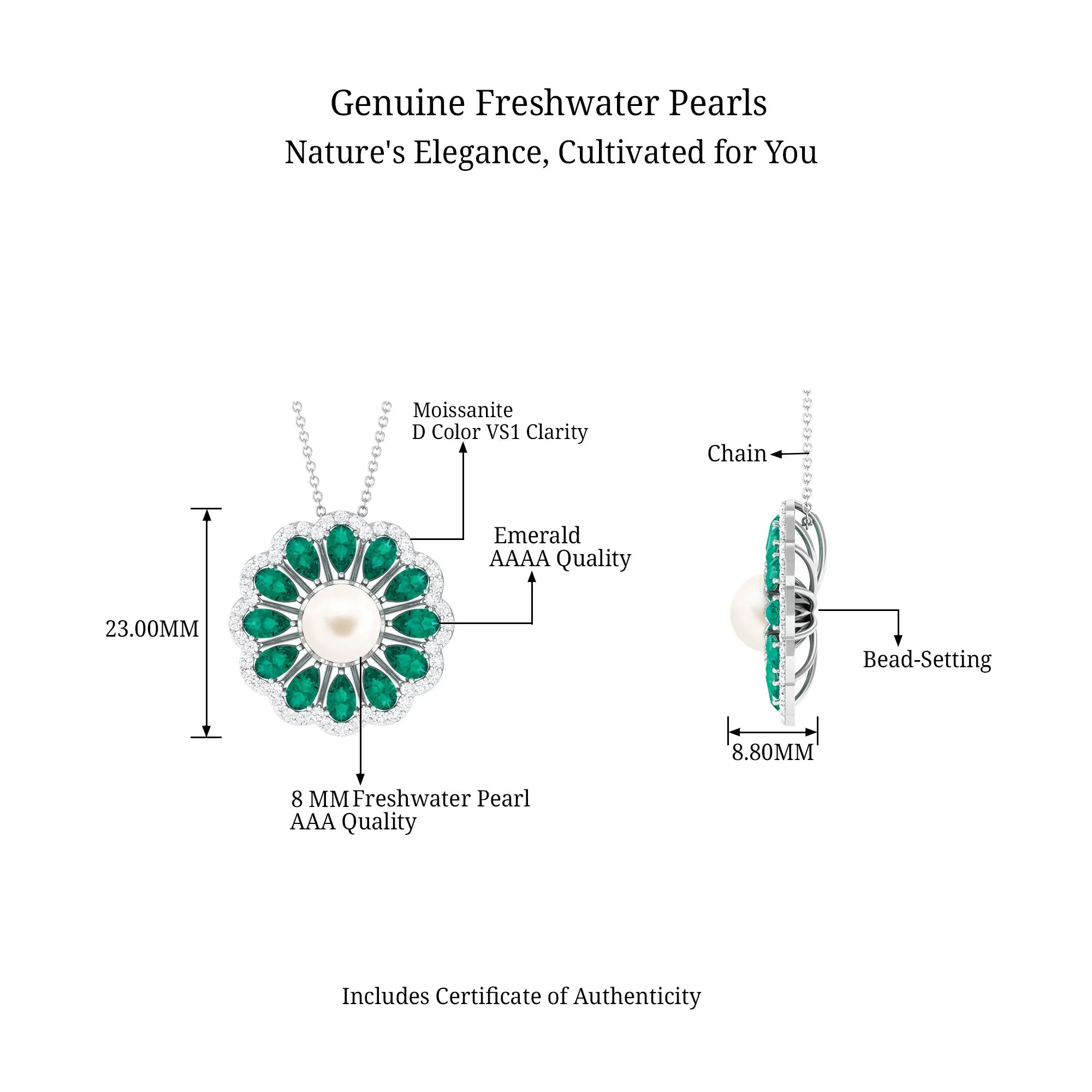 Natural White Pearl Flower Statement Pendant Necklace with Lab Emerald and Moissanite