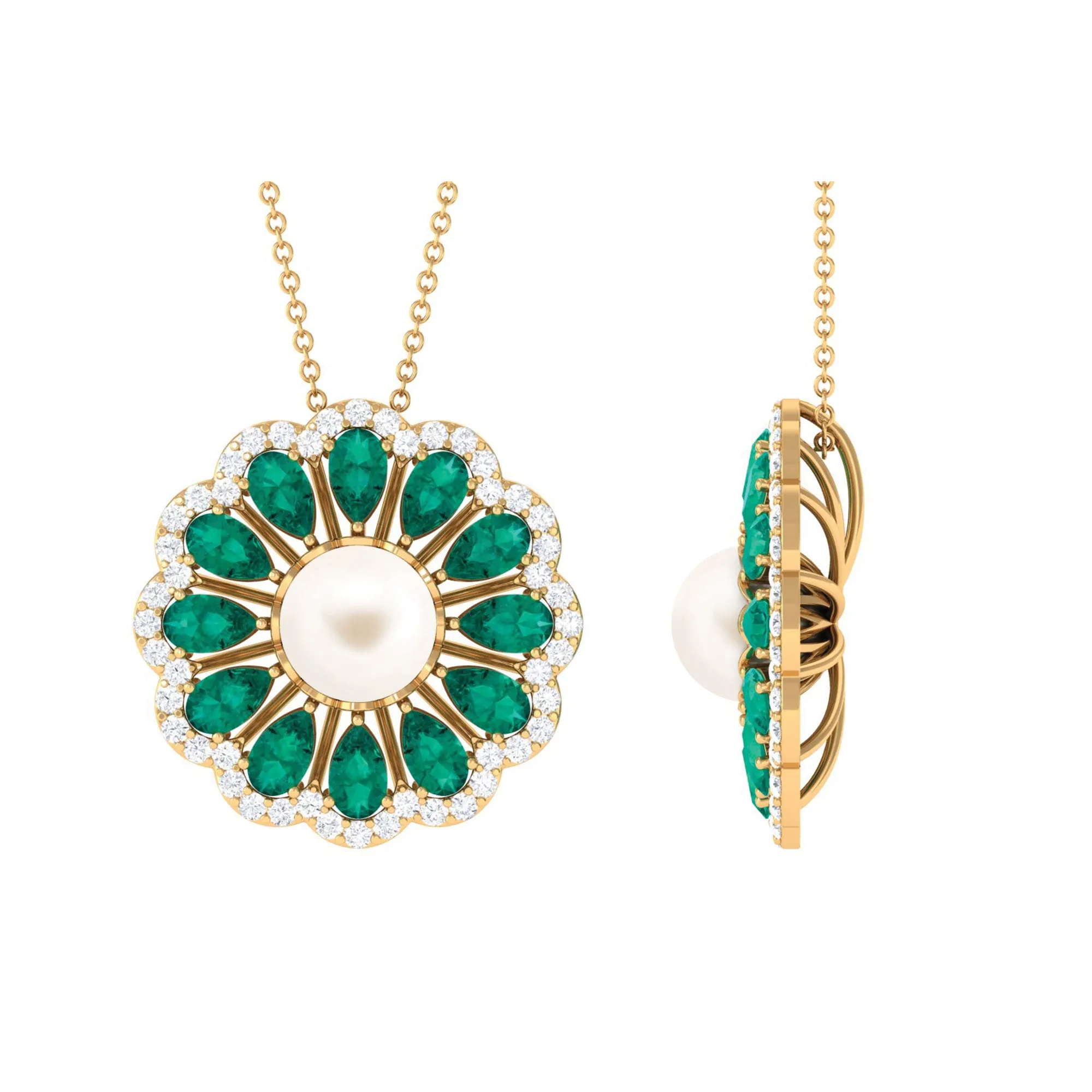 Natural White Pearl Flower Statement Pendant Necklace with Lab Emerald and Moissanite