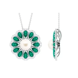 Natural White Pearl Flower Statement Pendant Necklace with Lab Emerald and Moissanite