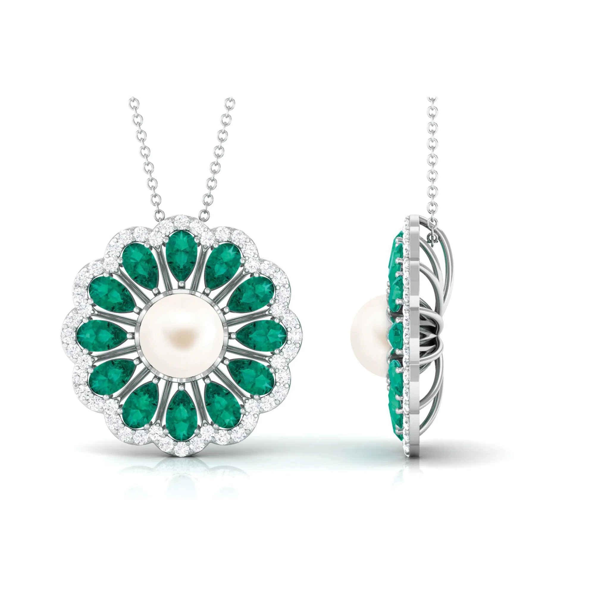 Natural White Pearl Flower Statement Pendant Necklace with Lab Emerald and Moissanite