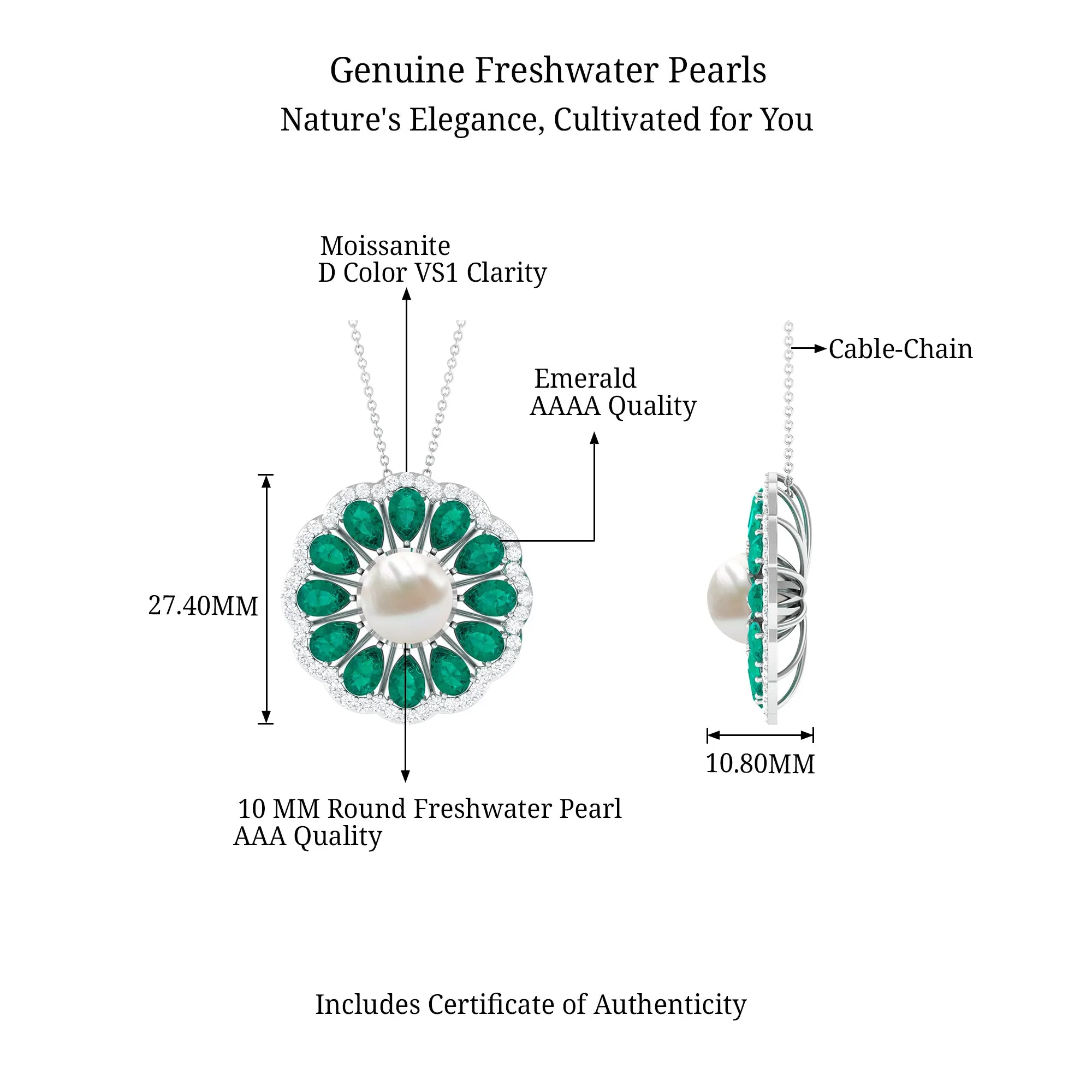 Natural White Pearl Flower Statement Pendant Necklace with Lab Emerald and Moissanite