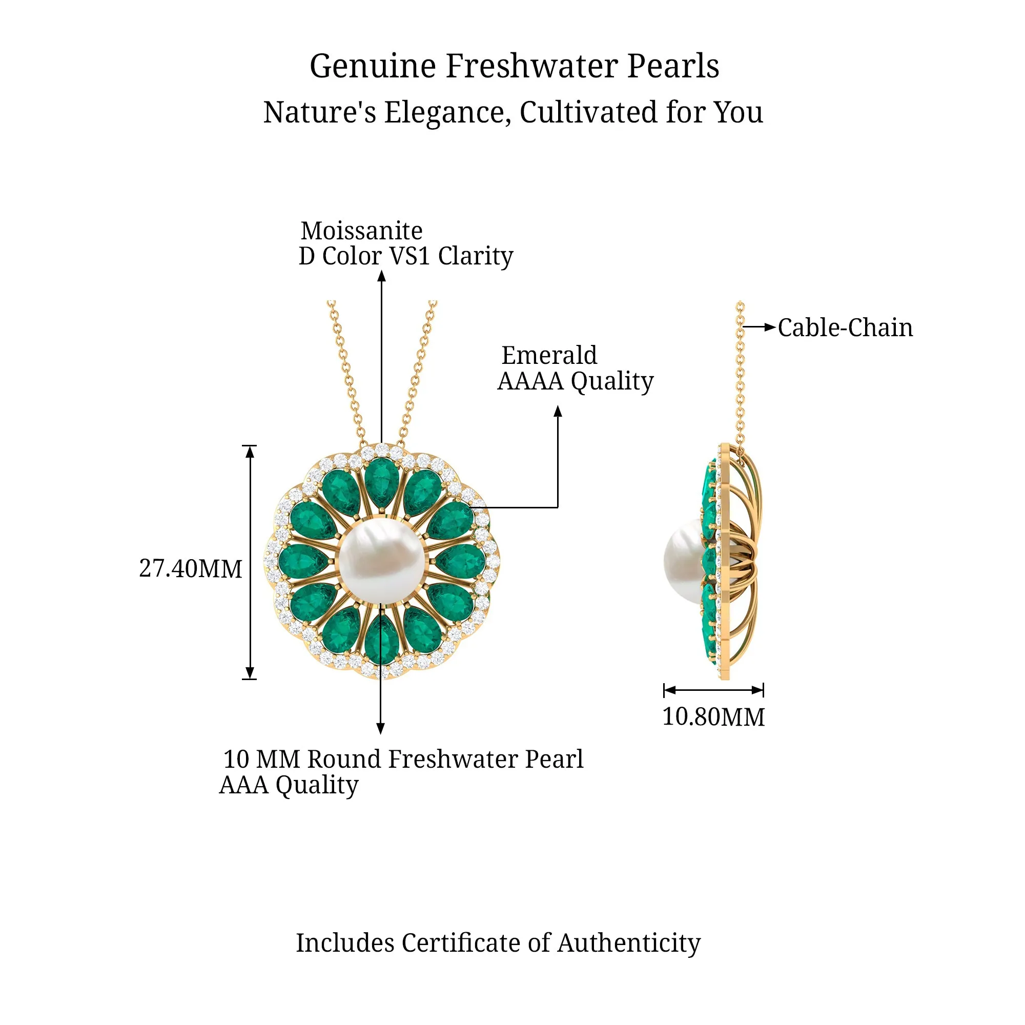 Natural White Pearl Flower Statement Pendant Necklace with Lab Emerald and Moissanite