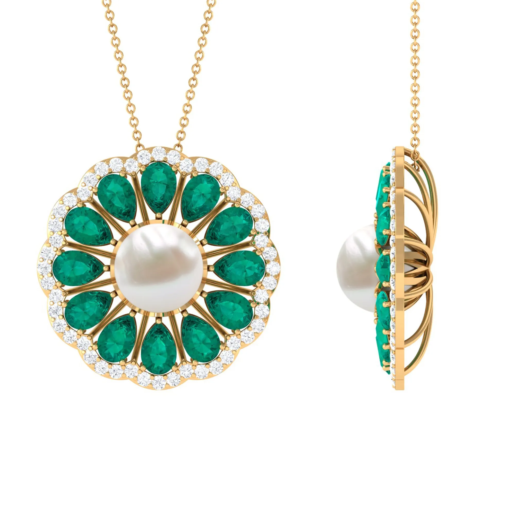 Natural White Pearl Flower Statement Pendant Necklace with Lab Emerald and Moissanite