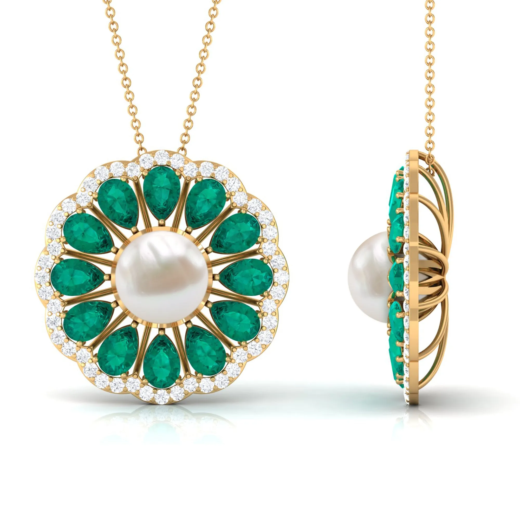 Natural White Pearl Flower Statement Pendant Necklace with Lab Emerald and Moissanite