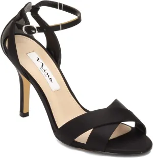 NINA Womens Satin Ankle Strap Heel Sandals Black 8.5 Medium (B,M)