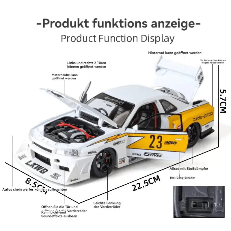 NISSAN SKYLINE GTR-R34 S15 1:24 DIECAST SCALE MODEL METAL PULL BACK TOY CAR FOR KIDS WITH OPENABLE DOORS & LIGHT, MUSIC TOY VEHICLE FOR KIDS - COLORS AS PER STOCK