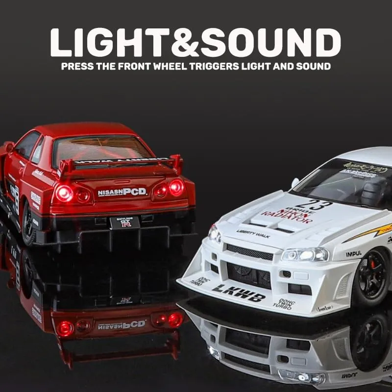 NISSAN SKYLINE GTR-R34 S15 1:24 DIECAST SCALE MODEL METAL PULL BACK TOY CAR FOR KIDS WITH OPENABLE DOORS & LIGHT, MUSIC TOY VEHICLE FOR KIDS - COLORS AS PER STOCK
