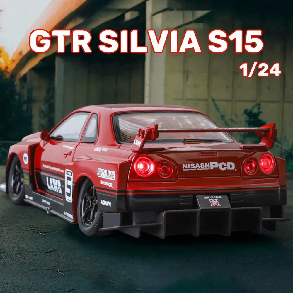 NISSAN SKYLINE GTR-R34 S15 1:24 DIECAST SCALE MODEL METAL PULL BACK TOY CAR FOR KIDS WITH OPENABLE DOORS & LIGHT, MUSIC TOY VEHICLE FOR KIDS - COLORS AS PER STOCK