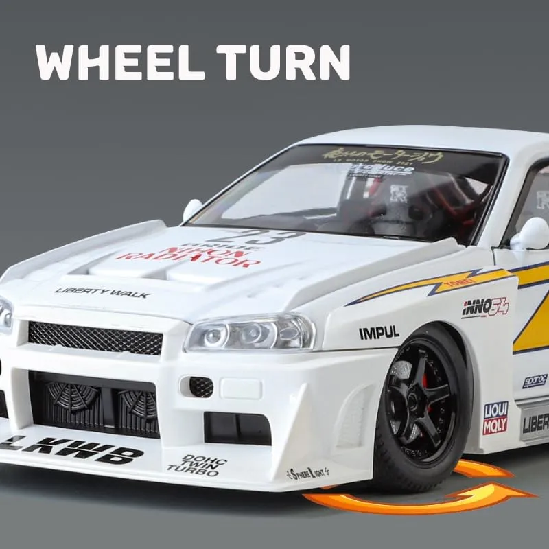 NISSAN SKYLINE GTR-R34 S15 1:24 DIECAST SCALE MODEL METAL PULL BACK TOY CAR FOR KIDS WITH OPENABLE DOORS & LIGHT, MUSIC TOY VEHICLE FOR KIDS - COLORS AS PER STOCK