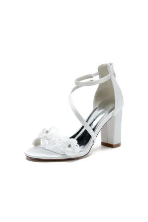 Open Toe Flower Ankle Strap Chunky Heels With Lace