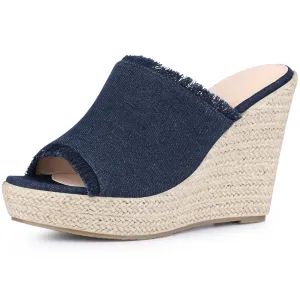 Open Toe Platform Espadrille Denim Wedge Heel Slide Sandal for Women