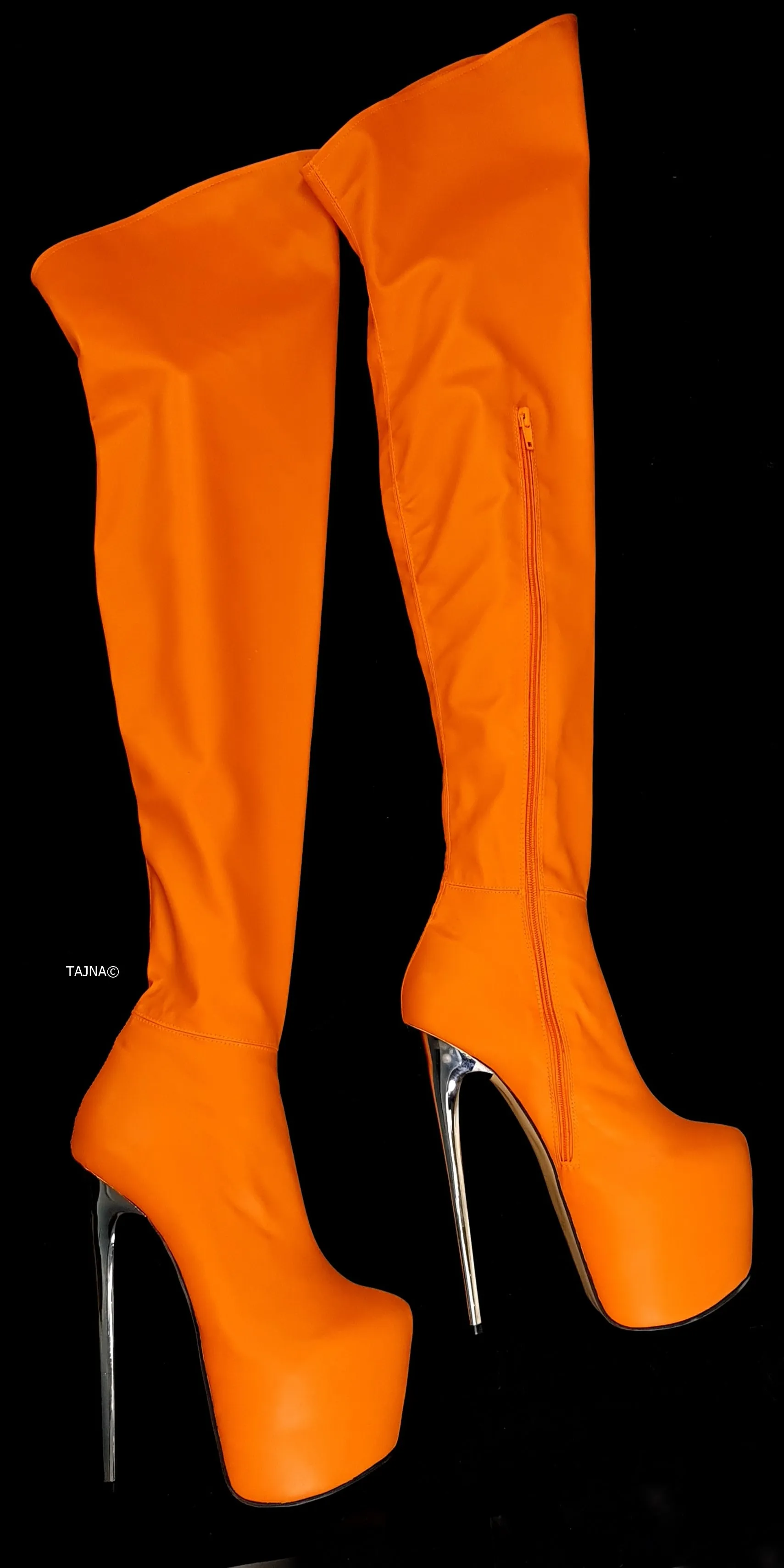 Orange Stretch Thigh High Metallic Heel Boots