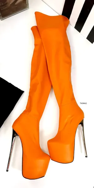 Orange Stretch Thigh High Metallic Heel Boots