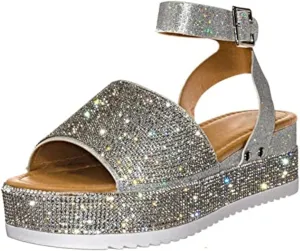 ORNVEION Women's Shiny Rhinestone Ankle Strap Platform Sandal,Boho Crystal Wedges Open Toe Dress Sandals Casual Beach Banquet Flat Shoes