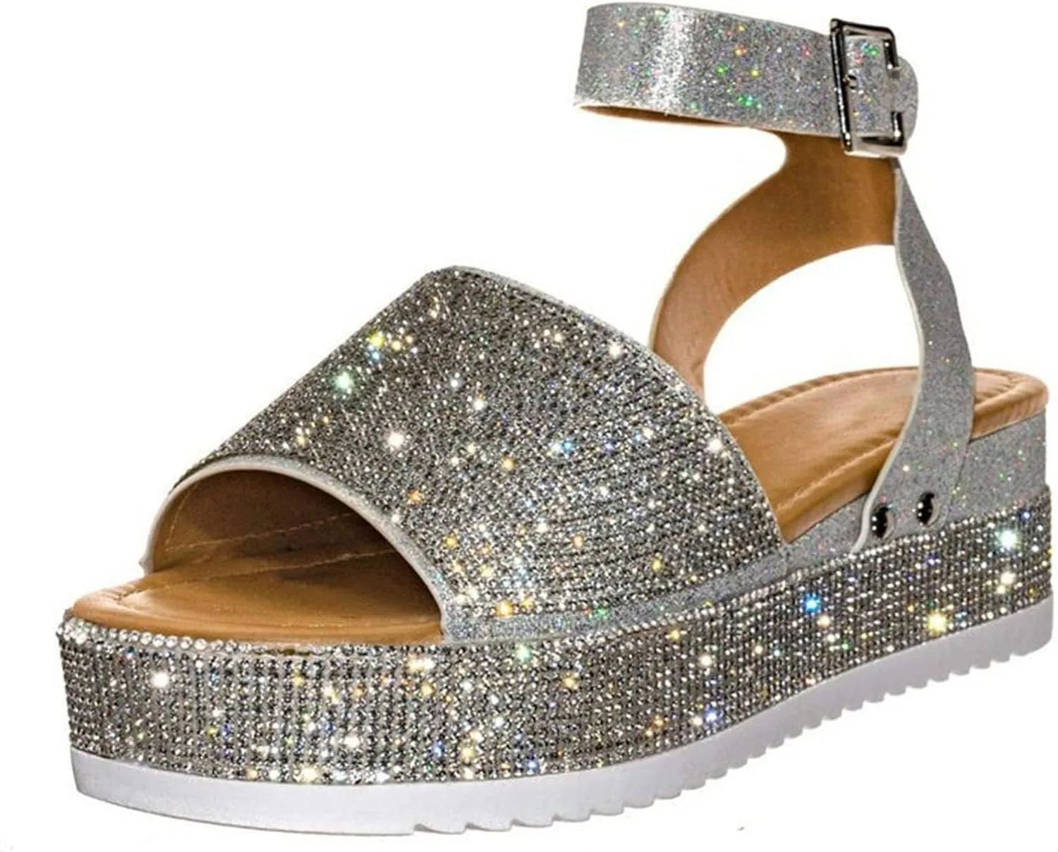 ORNVEION Women's Shiny Rhinestone Ankle Strap Platform Sandal,Boho Crystal Wedges Open Toe Dress Sandals Casual Beach Banquet Flat Shoes