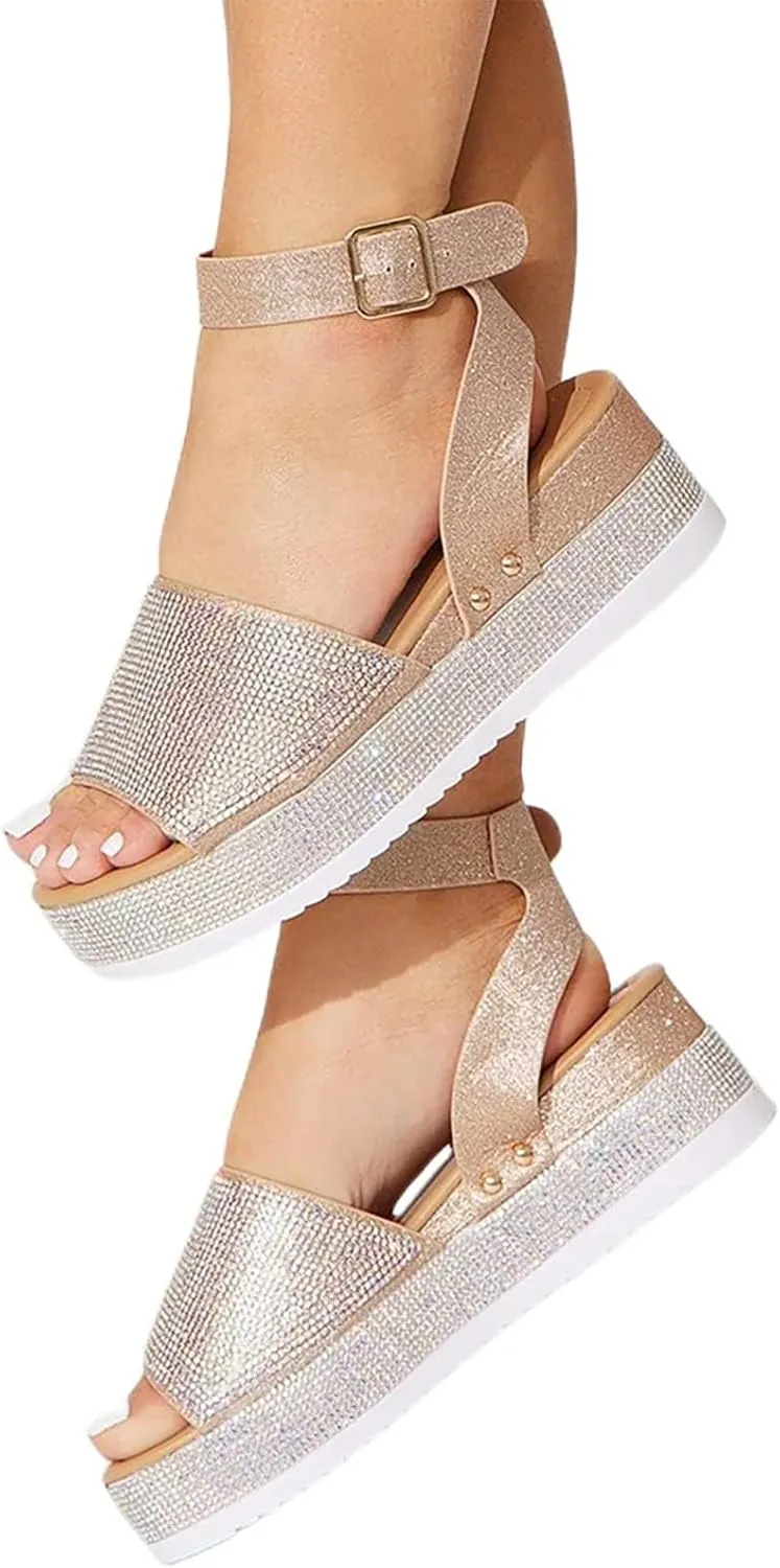 ORNVEION Women's Shiny Rhinestone Ankle Strap Platform Sandal,Boho Crystal Wedges Open Toe Dress Sandals Casual Beach Banquet Flat Shoes