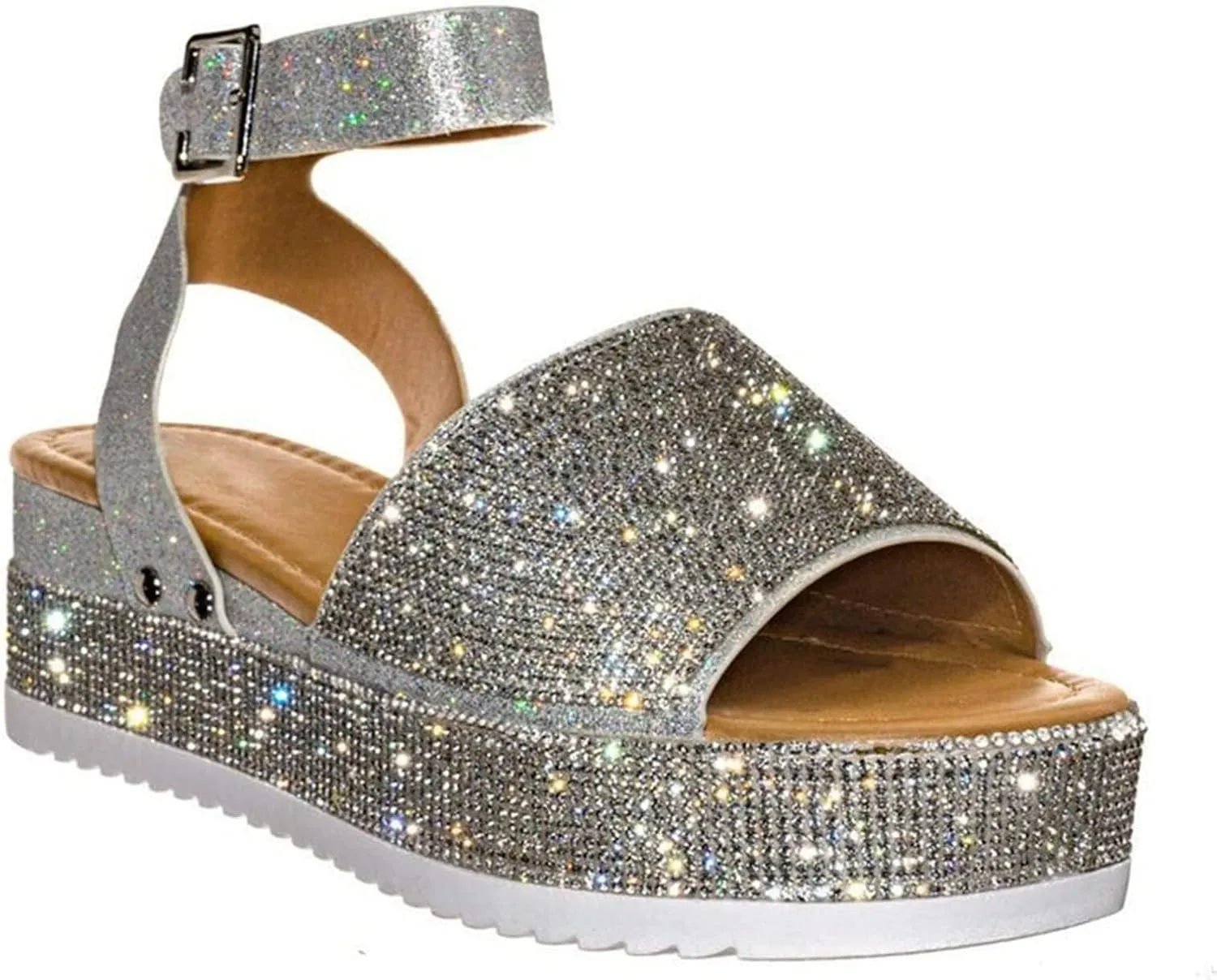 ORNVEION Women's Shiny Rhinestone Ankle Strap Platform Sandal,Boho Crystal Wedges Open Toe Dress Sandals Casual Beach Banquet Flat Shoes