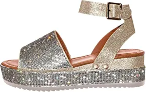 ORNVEION Women's Shiny Rhinestone Ankle Strap Platform Sandal,Boho Crystal Wedges Open Toe Dress Sandals Casual Beach Banquet Flat Shoes