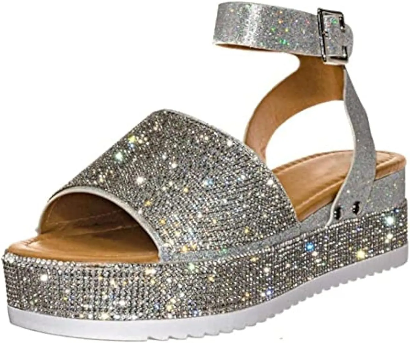 ORNVEION Women's Shiny Rhinestone Ankle Strap Platform Sandal,Boho Crystal Wedges Open Toe Dress Sandals Casual Beach Banquet Flat Shoes