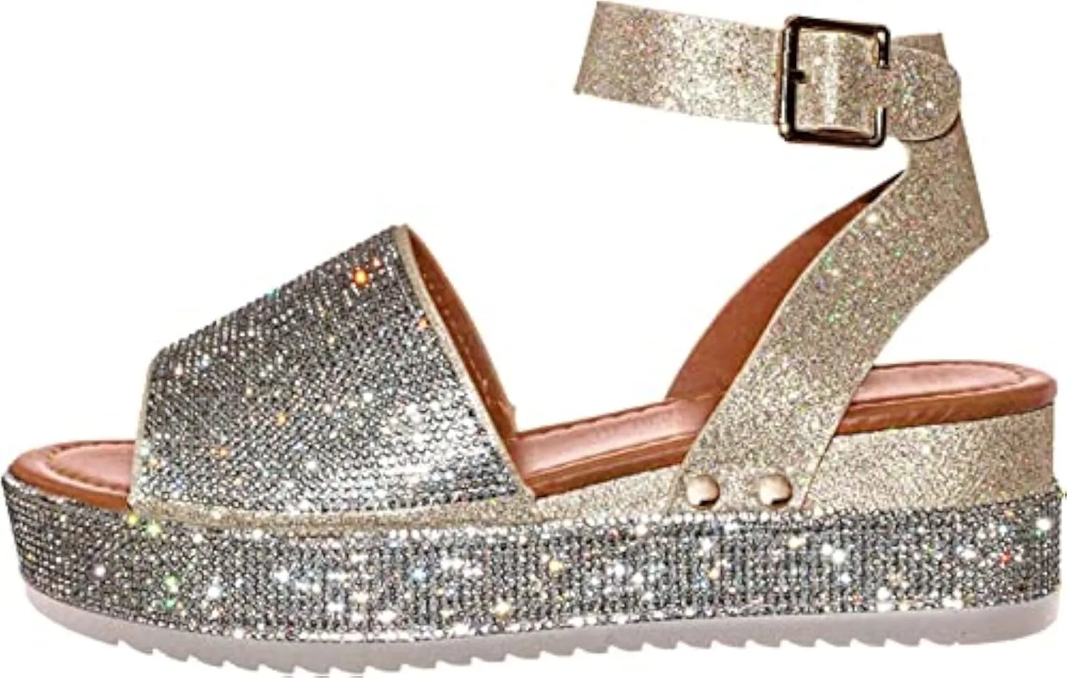 ORNVEION Women's Shiny Rhinestone Ankle Strap Platform Sandal,Boho Crystal Wedges Open Toe Dress Sandals Casual Beach Banquet Flat Shoes