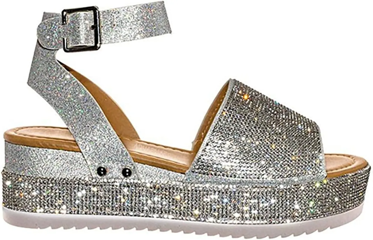 ORNVEION Women's Shiny Rhinestone Ankle Strap Platform Sandal,Boho Crystal Wedges Open Toe Dress Sandals Casual Beach Banquet Flat Shoes