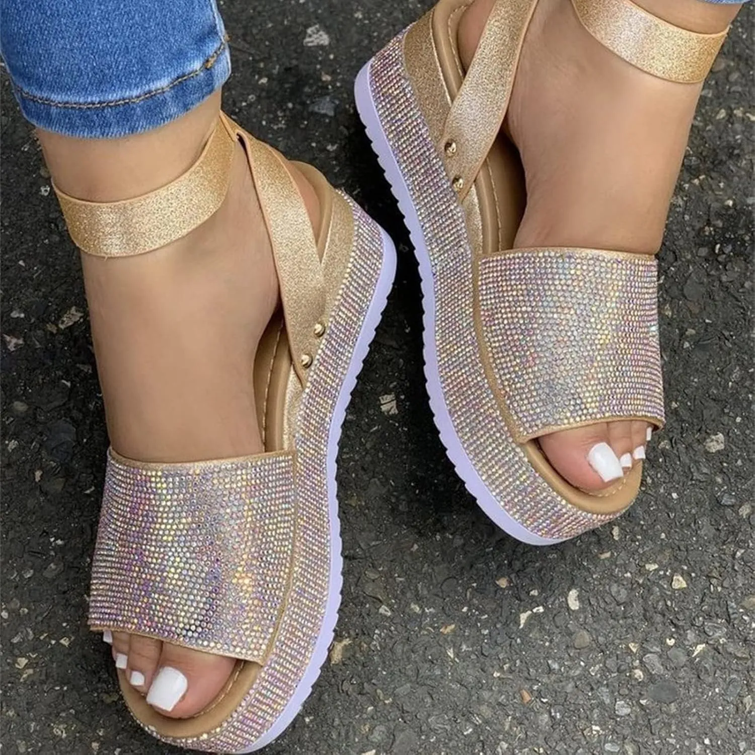 ORNVEION Women's Shiny Rhinestone Ankle Strap Platform Sandal,Boho Crystal Wedges Open Toe Dress Sandals Casual Beach Banquet Flat Shoes