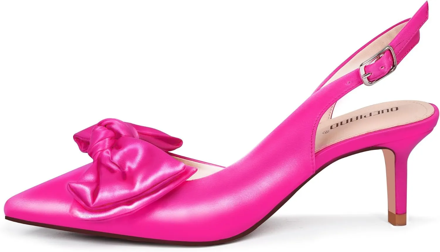 Ouepiano Kitten Heels with Bow - Slingback Pointed Toe Low Heels Adjustable Elastic Strap with Buckle Slip On Satin Pumps for Bridal Wedding Party