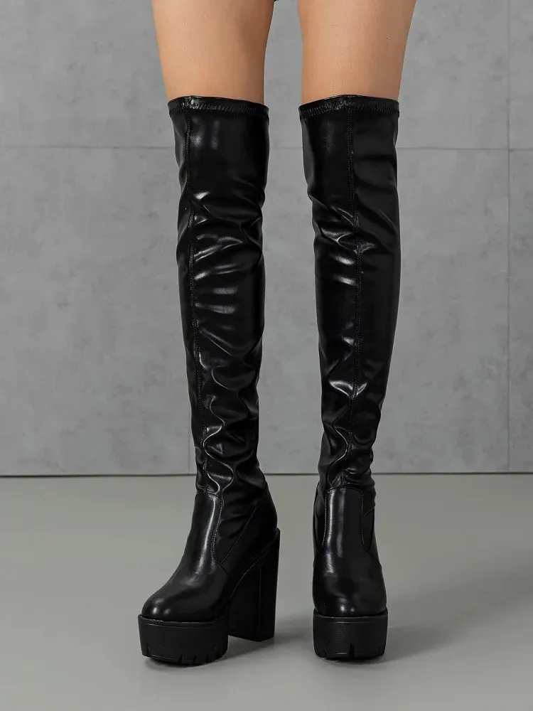 Over The Knee Round Toe Square Platform Heels Boots