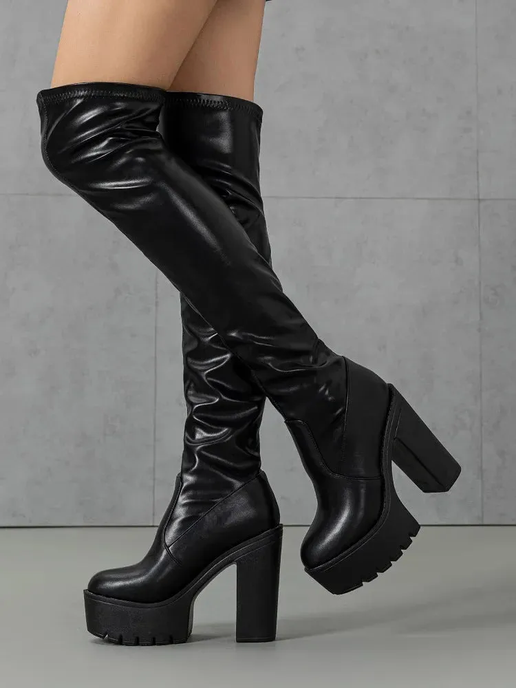Over The Knee Round Toe Square Platform Heels Boots