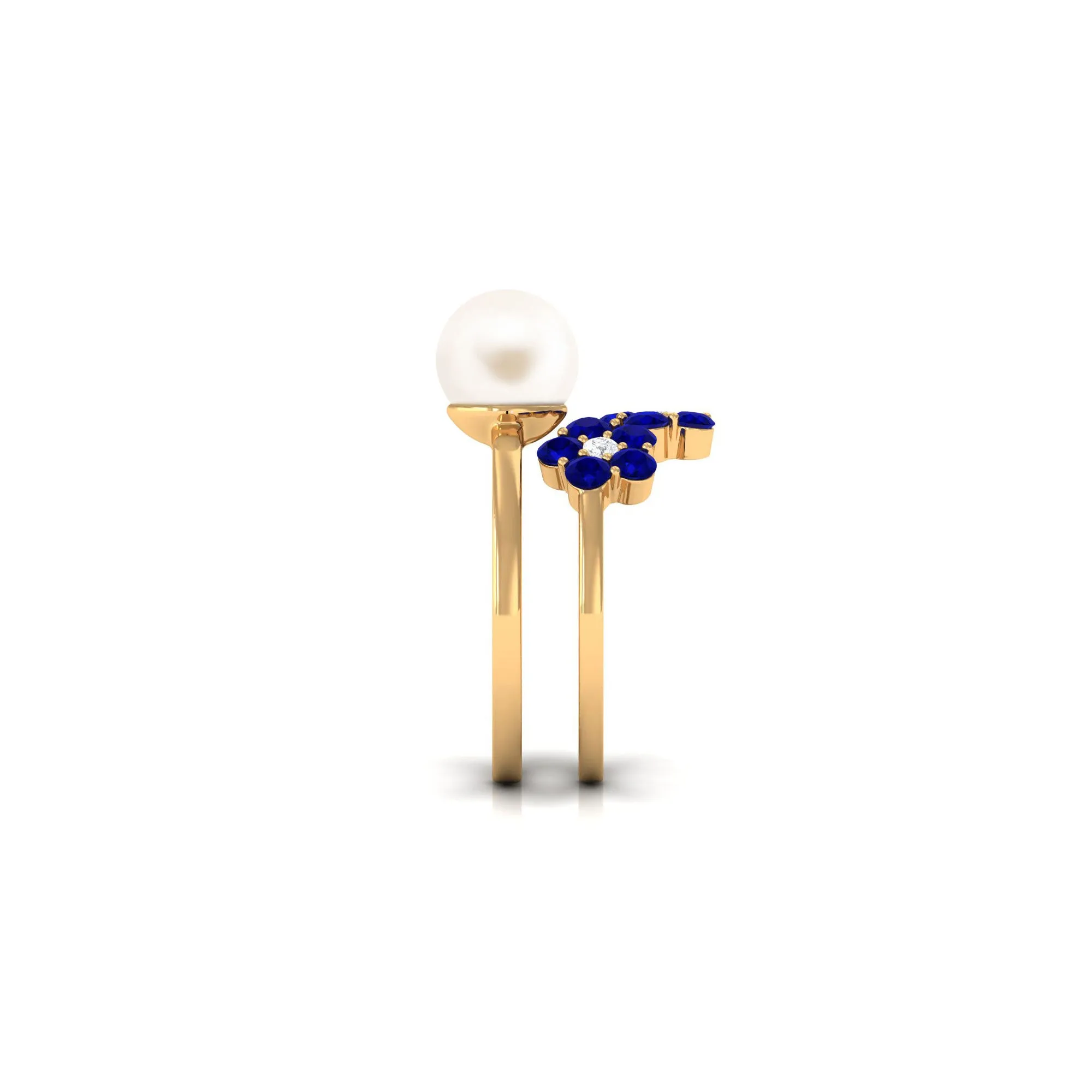 Pearl Bridal Ring Set with Blue Sapphire Floral Enhancer