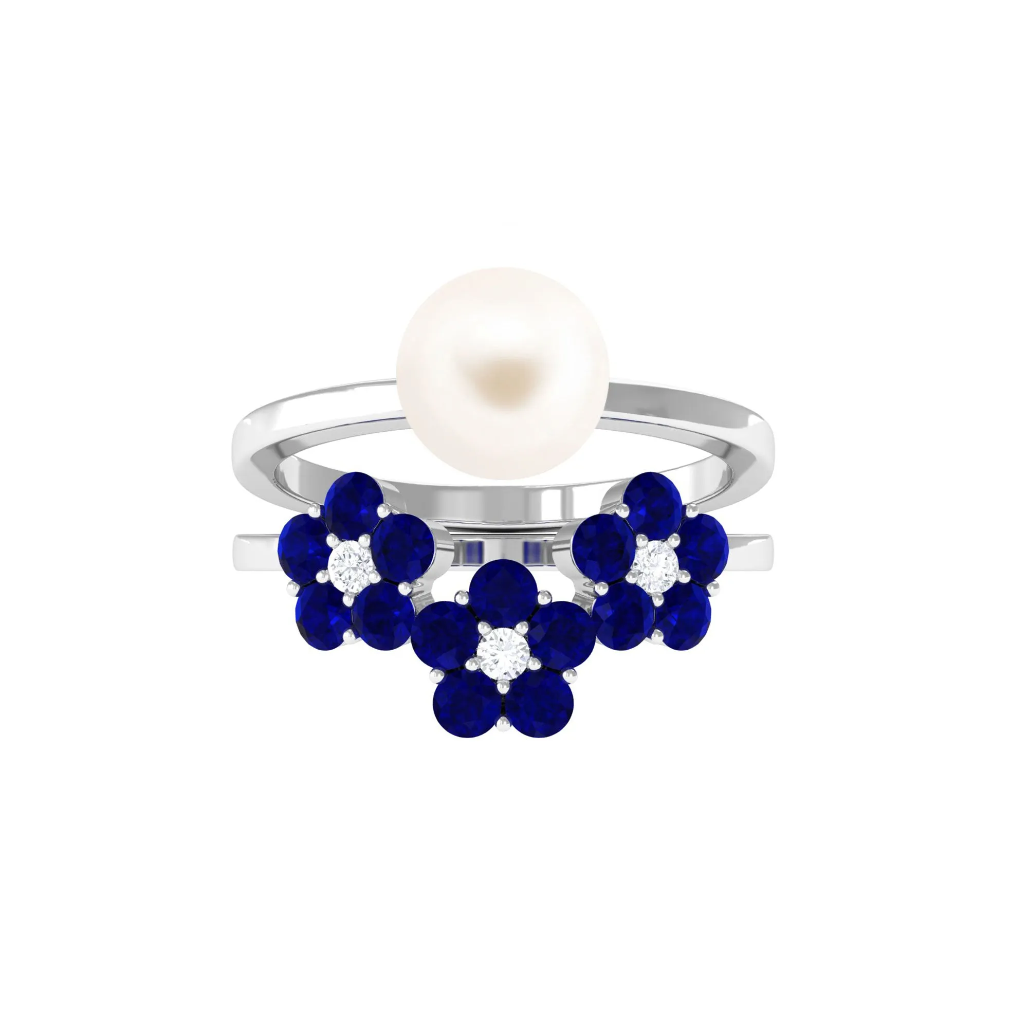 Pearl Bridal Ring Set with Blue Sapphire Floral Enhancer