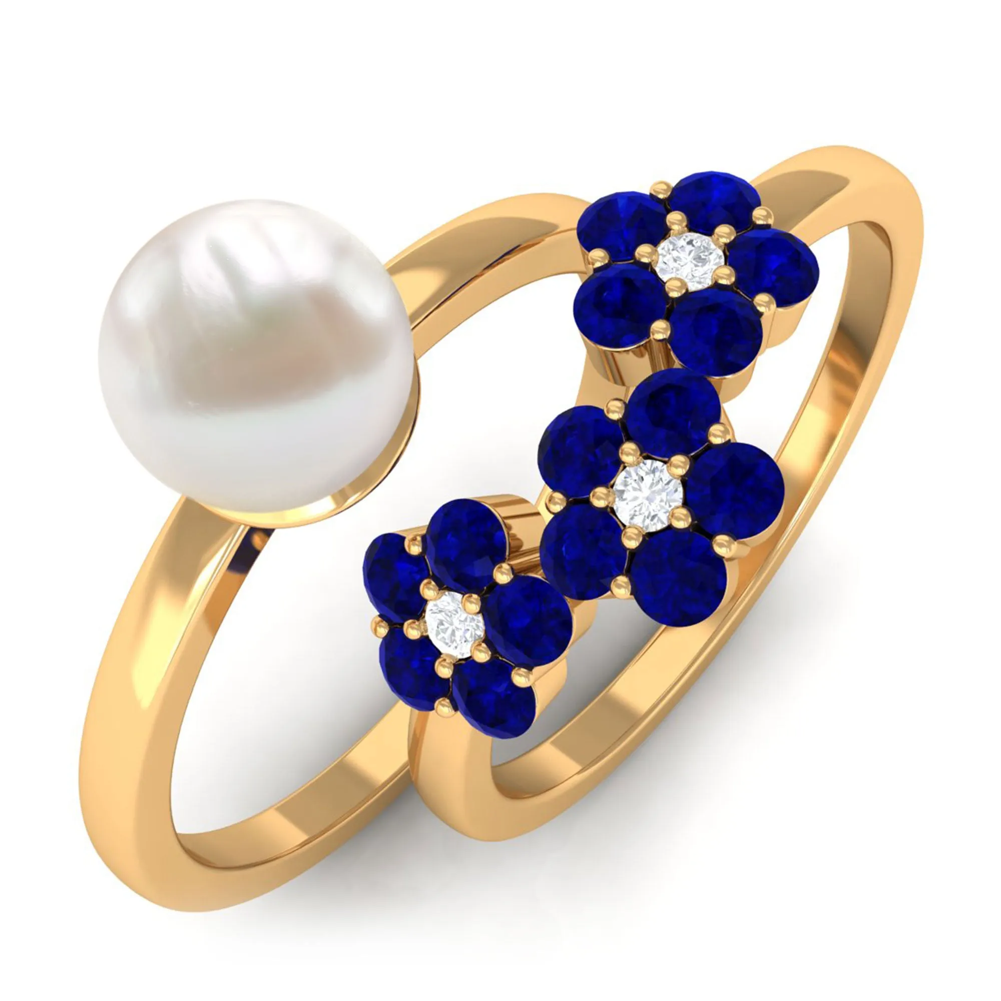 Pearl Bridal Ring Set with Blue Sapphire Floral Enhancer