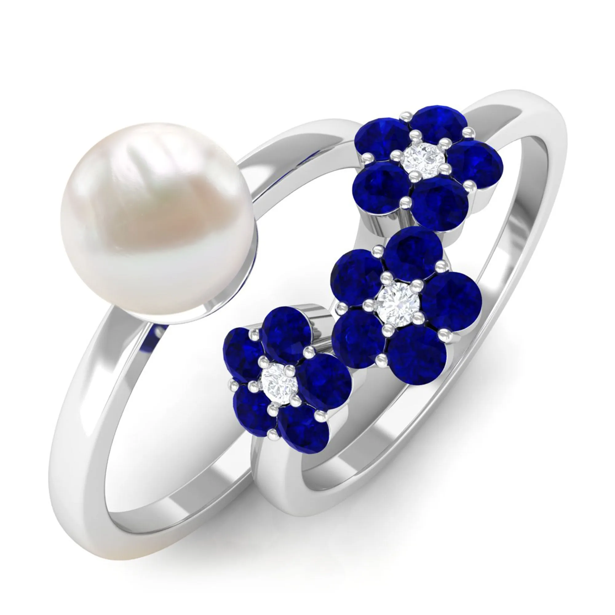 Pearl Bridal Ring Set with Blue Sapphire Floral Enhancer