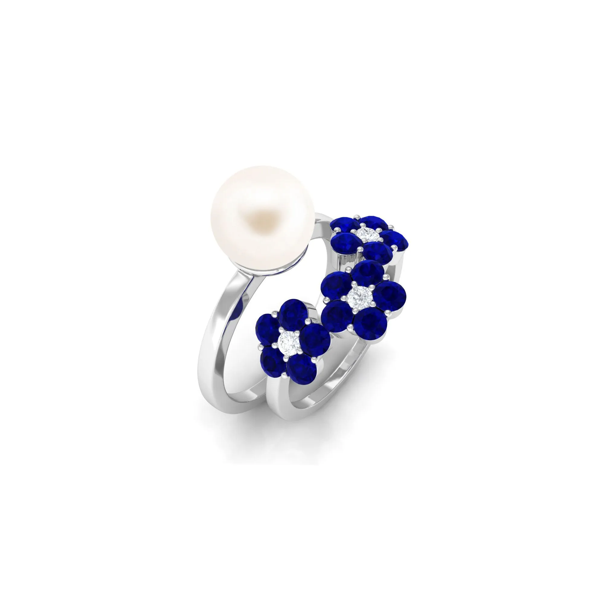 Pearl Bridal Ring Set with Blue Sapphire Floral Enhancer