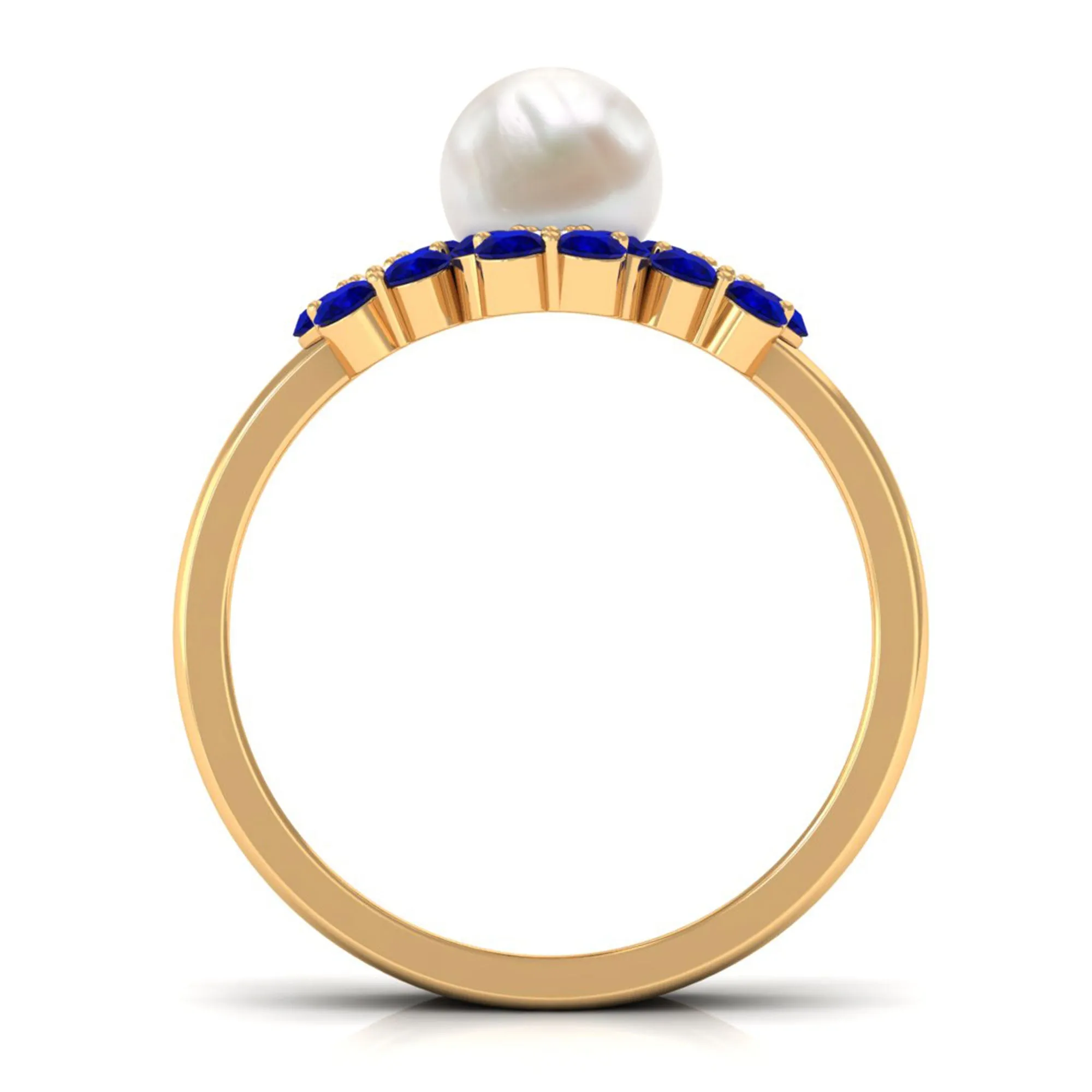 Pearl Bridal Ring Set with Blue Sapphire Floral Enhancer