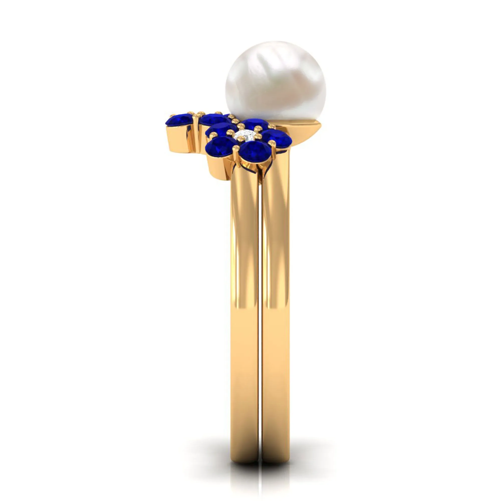Pearl Bridal Ring Set with Blue Sapphire Floral Enhancer