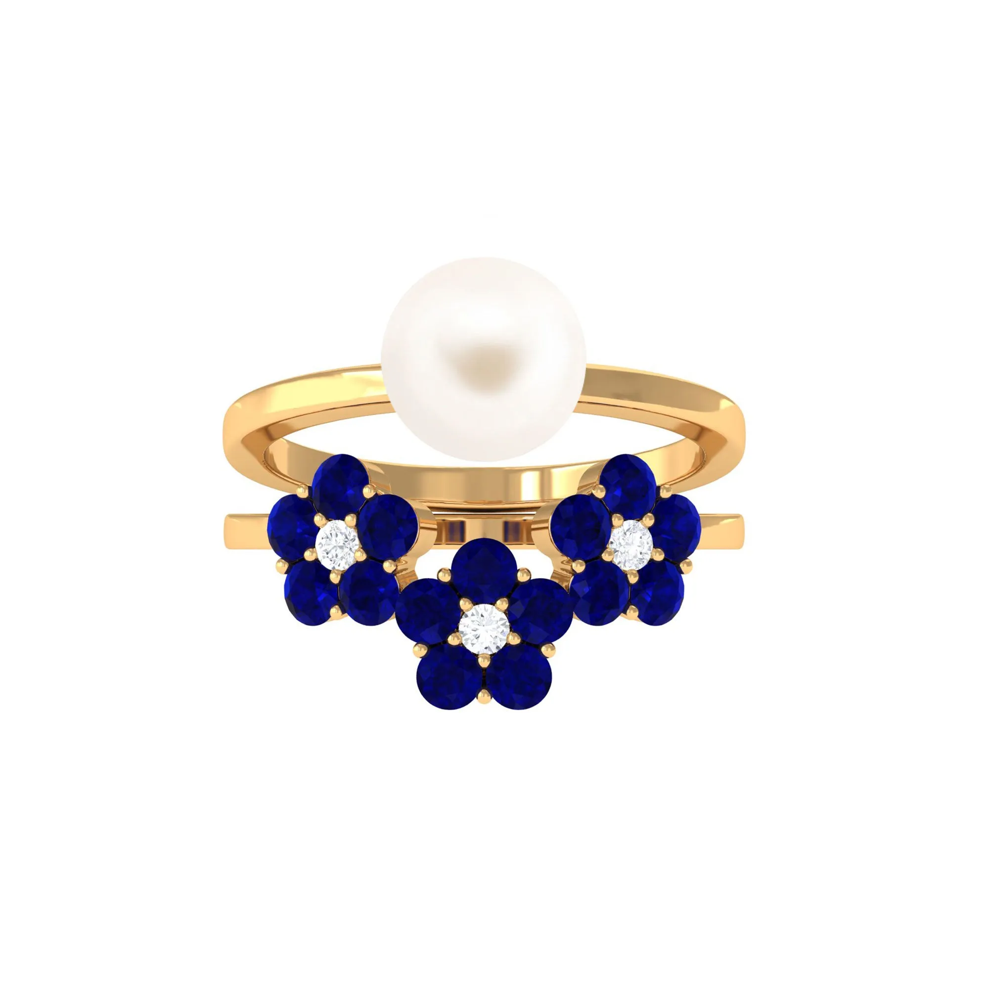 Pearl Bridal Ring Set with Blue Sapphire Floral Enhancer