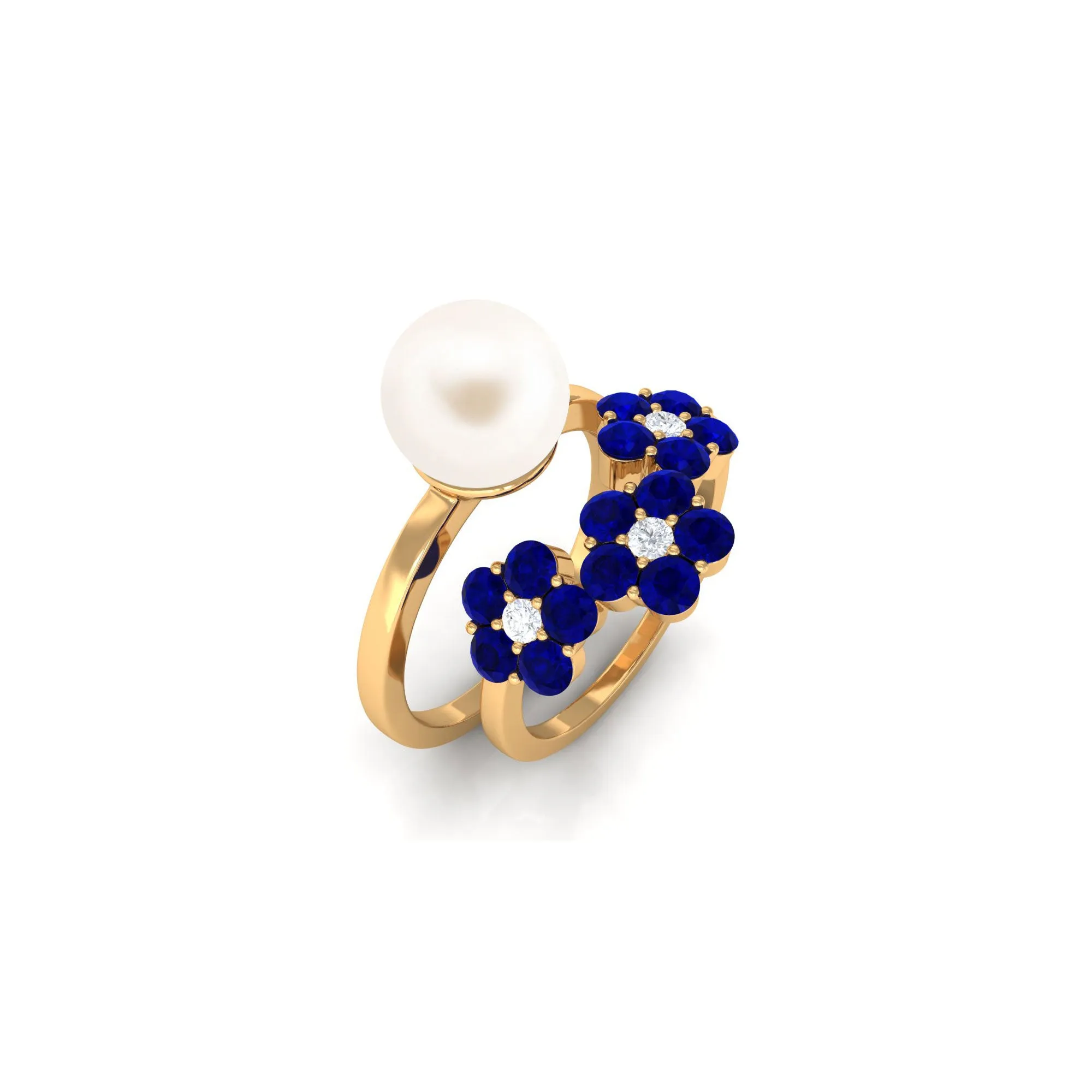 Pearl Bridal Ring Set with Blue Sapphire Floral Enhancer