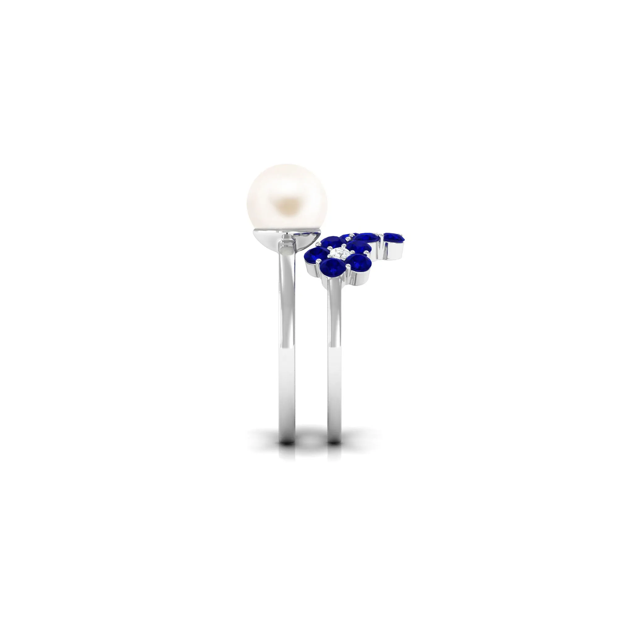 Pearl Bridal Ring Set with Blue Sapphire Floral Enhancer