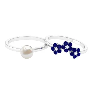 Pearl Bridal Ring Set with Blue Sapphire Floral Enhancer