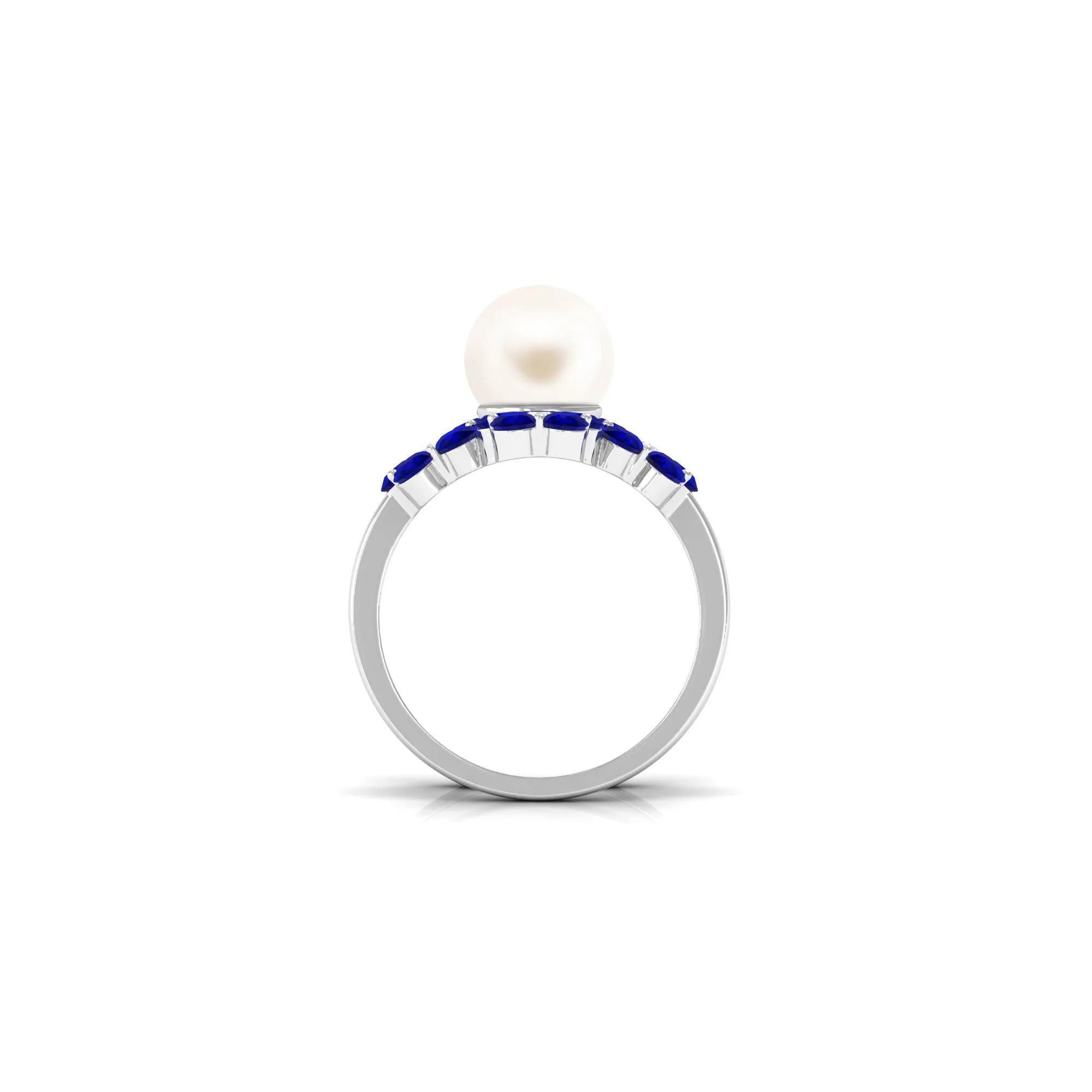 Pearl Bridal Ring Set with Blue Sapphire Floral Enhancer