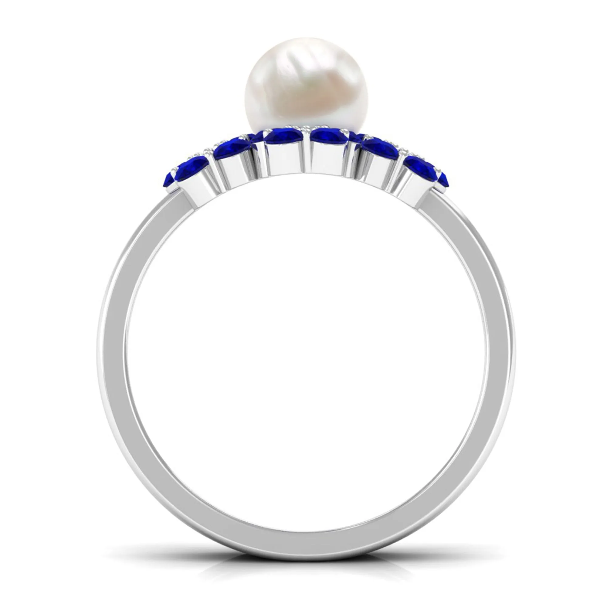 Pearl Bridal Ring Set with Blue Sapphire Floral Enhancer