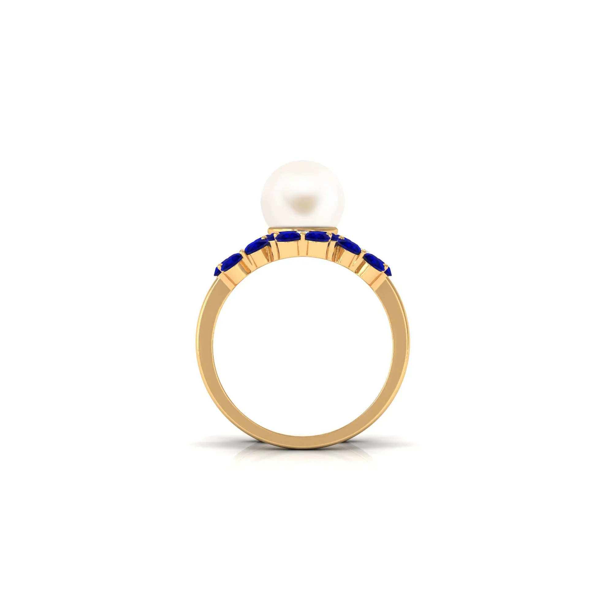 Pearl Bridal Ring Set with Blue Sapphire Floral Enhancer